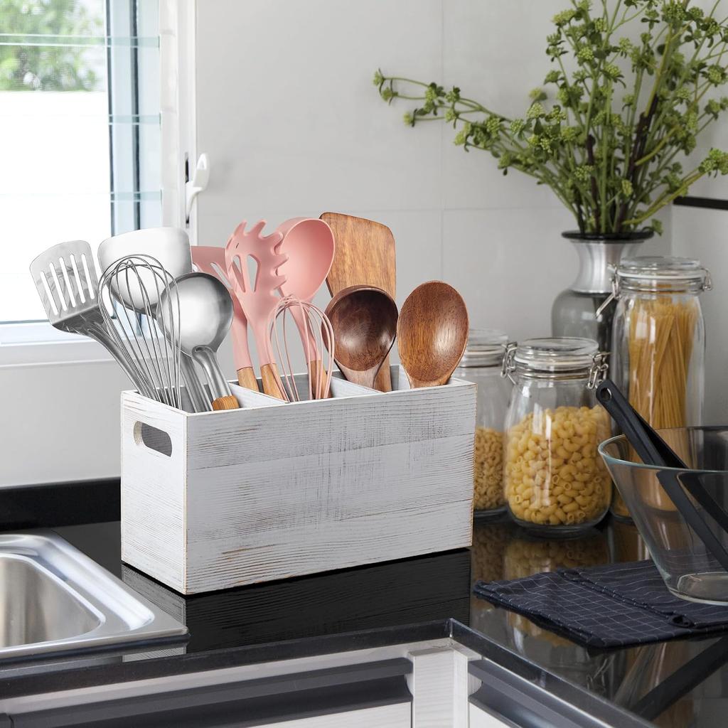 Wood Utensil Holder for Kitchen Counter 3 Compartment Large Cutlery Holder Caddy Organizer for Silverware Fork Spoon Spatula