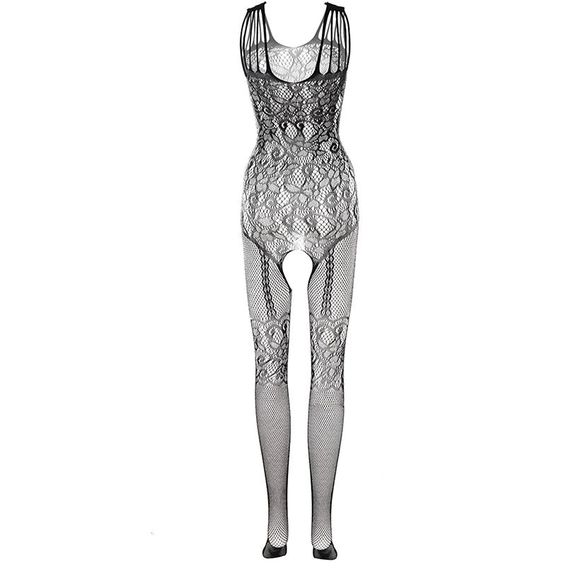 Erotic Crotchless Tight Lingerie Women Sexy Transparent Bodystocking High Fishnet Hollow Pantyhose Floral Print Mesh Long Tights