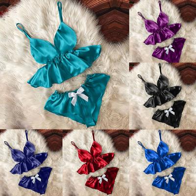 Women V-Neck Eyelash Lace Sexy Stain Camisole Pajamas Bowknot Shorts Set