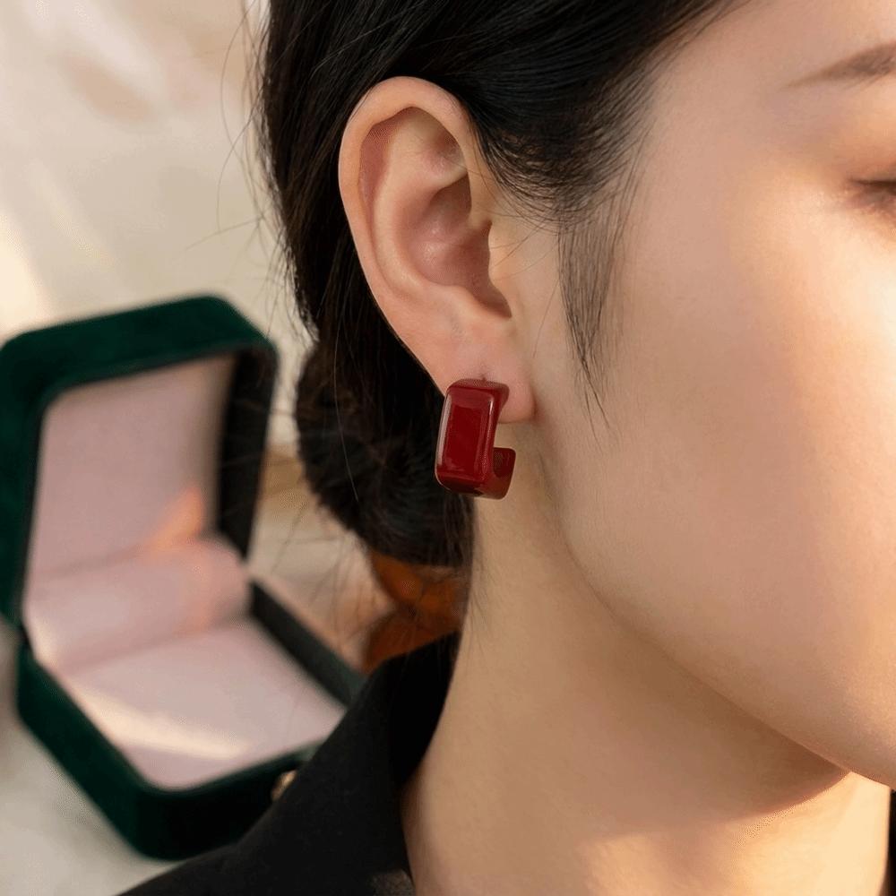 Acrylic Dark Red Drip Glaze Stud Earrings Zinc Zinc Alloy Hoop Earrings New C-Shaped Earrings  Women