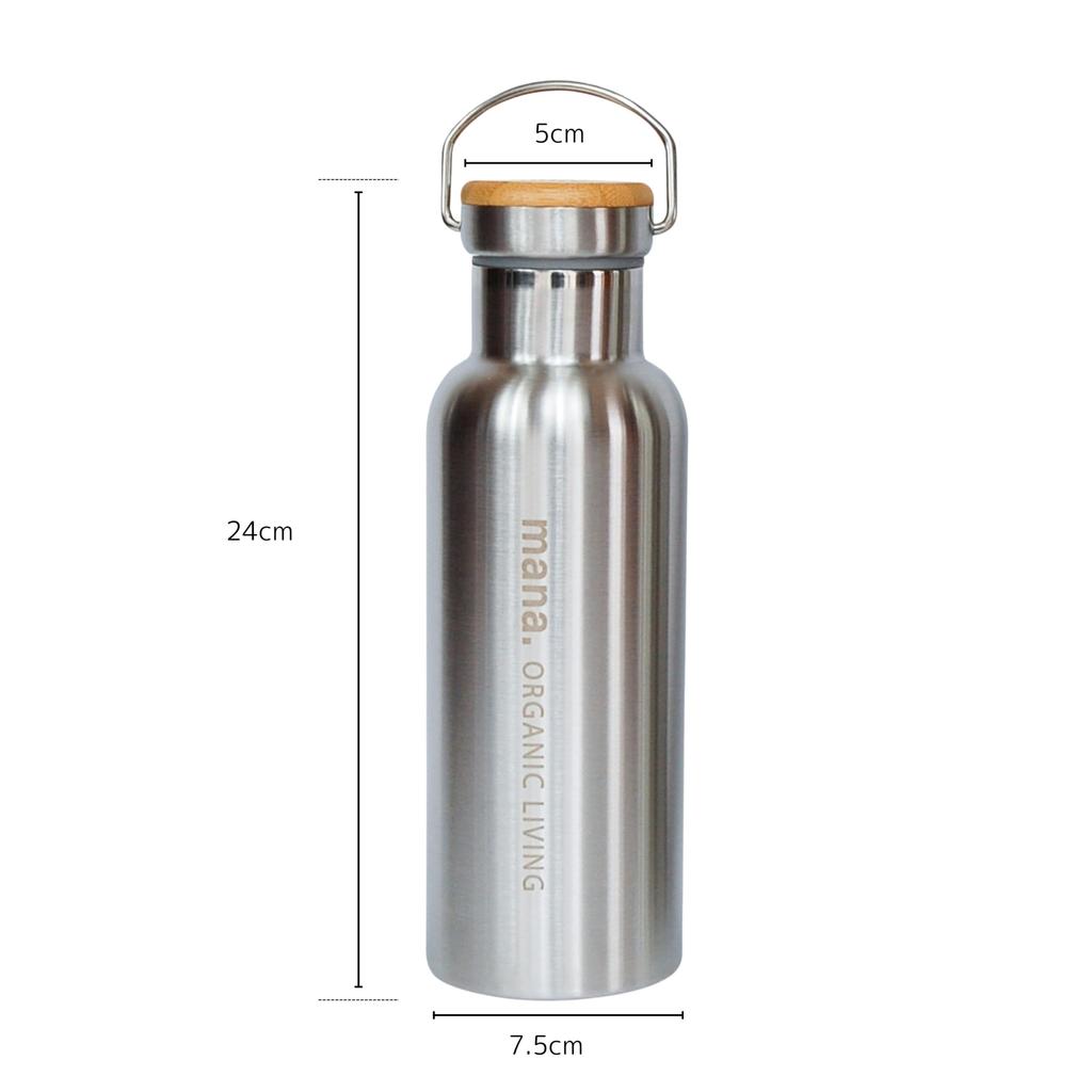[mana.] ORGANIC LIVING Stainless Steel Long Bottle, 500ml, Double-walled Vacuum Structure, Keeps Drinks Warm for Long Hours