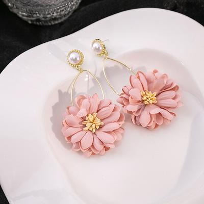 Fashion Personality Exaggerated Pink Flower Earrings, Holiday Style Sweet Fabric Pearl Earrings Temperament Earrings