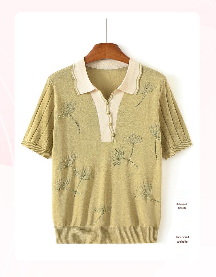 Mother's Day Stylish Ice Silk Short-Sleeve Lapel Blouse for Middle-Aged Women