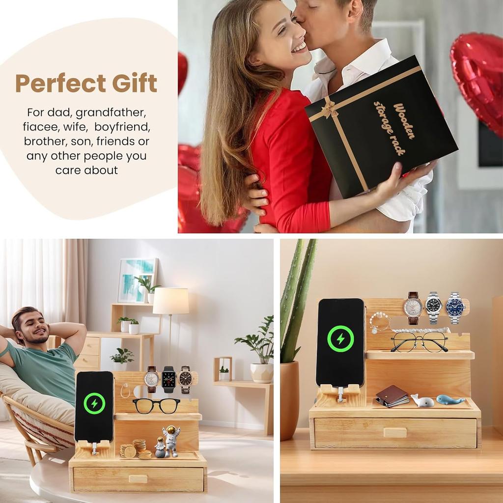 Wooden Bedside Organiser with Detachable Phone Stand & Drawer,Bedside Docking Station Gifts for Men women,Key Holder Wallet Phone Desktop
