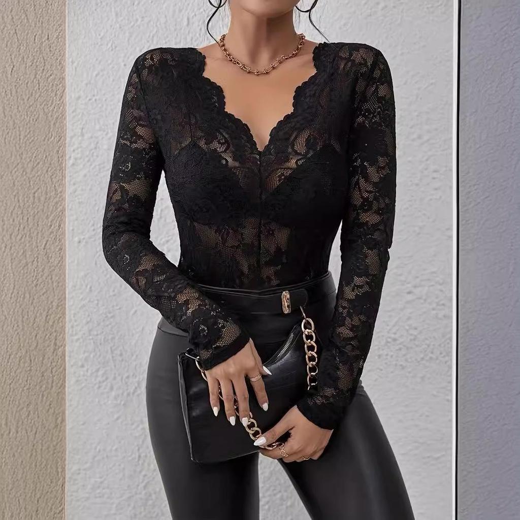 2024 Autumn/Winter Floral Lace Fan-Shaped Blouse for Women