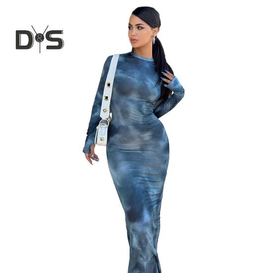 

Женское платье макси с круглым вырезом, облегающее, эластичное, с длинным рукавом, подходящего цвета, с узором «тай-дай» длиной до щиколотки, мягкое, дышащее, сексуальное, весенне-осеннее платье L синий