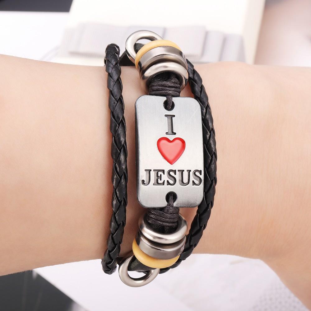 New Multi-Layer Leather Woven Beads Jesus Bracelet Charm Men's Bracelet Fashion Religious Christian Accessories Talisman Jewelry