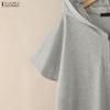 ZANZEA Damen Kapuze Einfarbig Kurzarm Reißverschluss High-Low Bluse T-Shirts