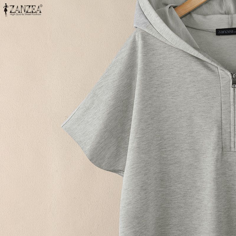ZANZEA Damen Kapuze Einfarbig Kurzarm Reißverschluss High-Low Bluse T-Shirts