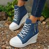 Fashion Fashion Denim Blue Canvas Shoes Women 2025 Autumn Metal Zip Decoration Lace Up Wedge Heel Pumps Casual High Heel Ankle Shoes