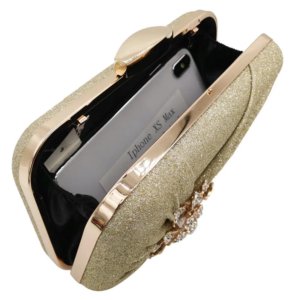 Boutique De FGG Elegante Damen Gold Glitzer Abendtaschen Strasssteine Blumenapplikationen Braut Clutch Handtaschen Hochzeitsfeier Taschen