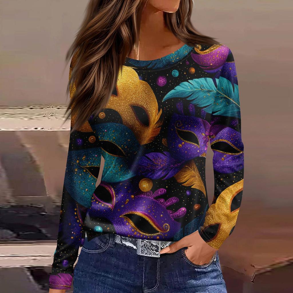 Women's Fashionable Casual Neck Long Sleeve Hem Split Carnival Print T-Shirt Top