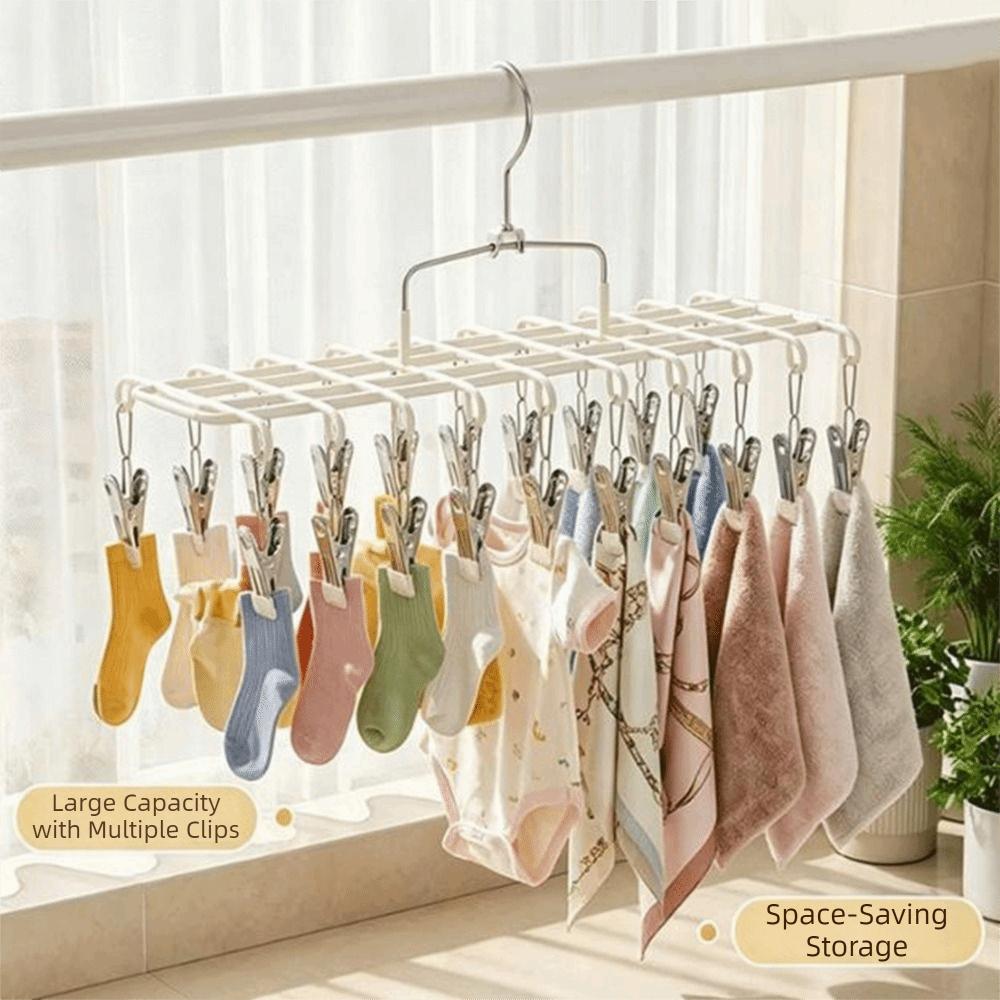 Stainless Steel 20 Clips Sock Drying Rack Non-Slip Heavy Duty Windproof Clothing Rack Space Saving Rustproof