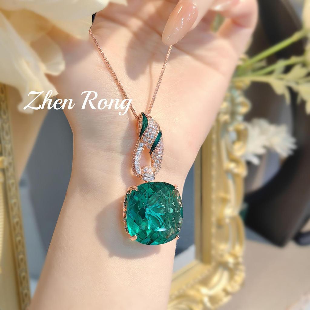 European & American Luxury Royal Blue Pendant Necklace with Emerald & Pigeon Blood Red Gemstones for Women