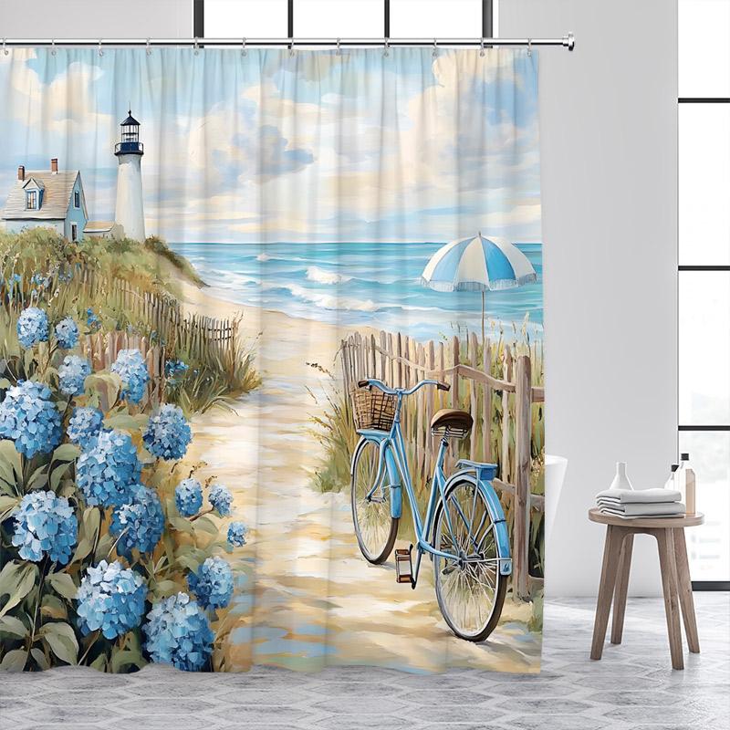 Niebieski Ocean Latarnia Morska Zasłony Prysznicowe Vintage Łódź Mewy Fale Morskie Akwarela Sztuka Nowoczesny Wystrój Zasłony Łazienkowej Z Haczykami