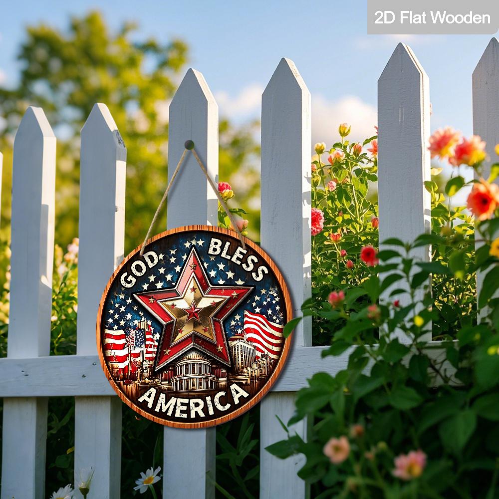 2D Flat God Bless America Patriotic Round Wooden Sign, Vintage Star & US Capitol Plaque with American Flag, 4th of July Hanging Decor for Front