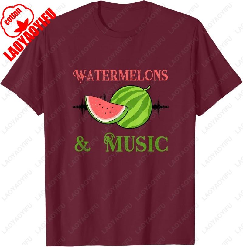 Melons and Music Watermelon Summer Fruits TShirt Classic Letter Print Tee Unisex Summer Cotton Casual New Arrival Breathable Tops