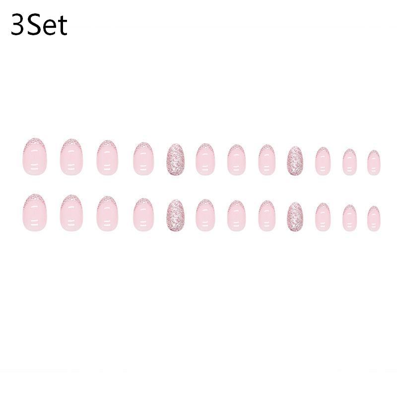 Fashion Pink Glitter French Press On Nails Short Round Fake Nails Reusable Nail Tips Women Manicure Accessories