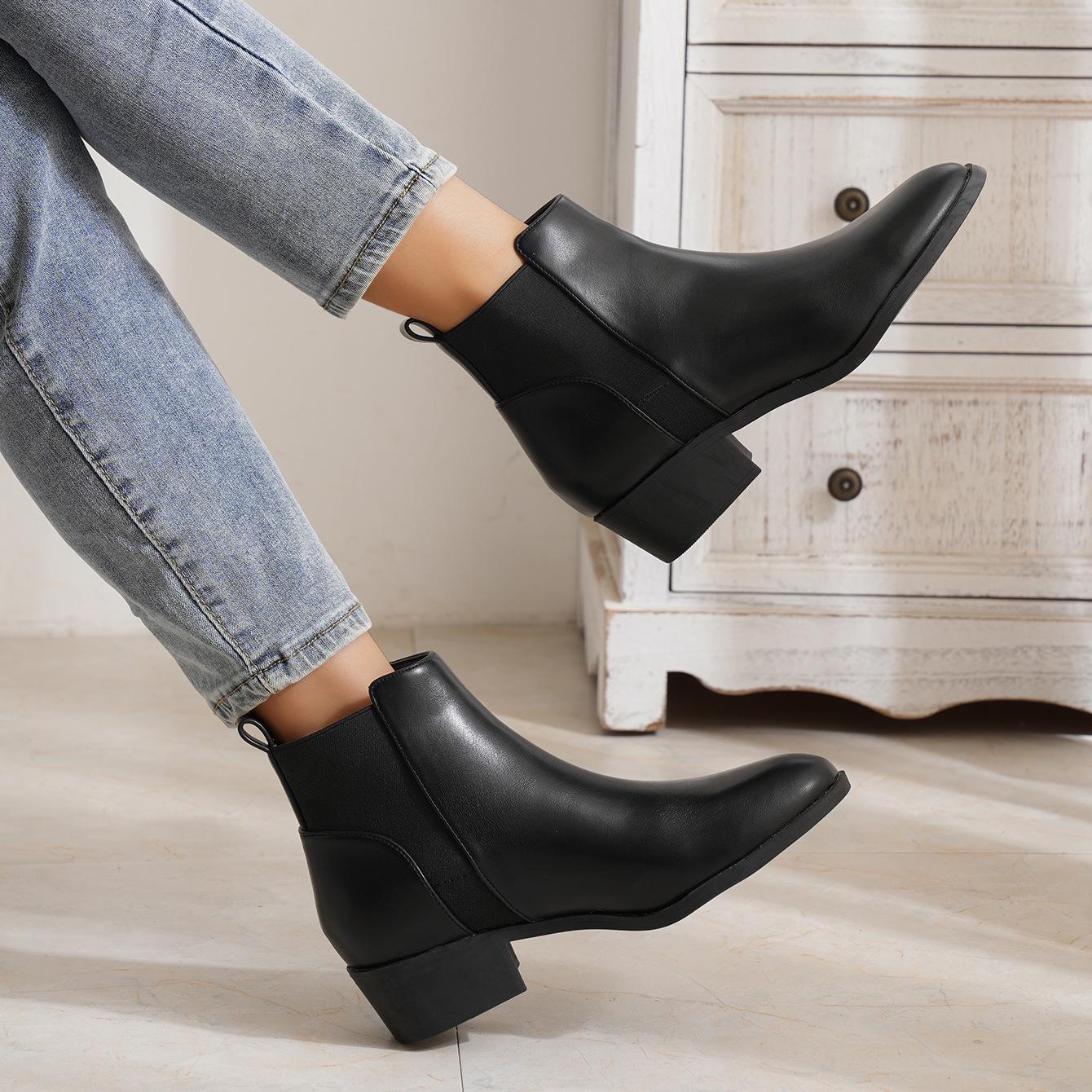 Women s Large Size Black Leather Pointed Toe Chelsea Ankle Boots – Autumn/Winter Collection US9