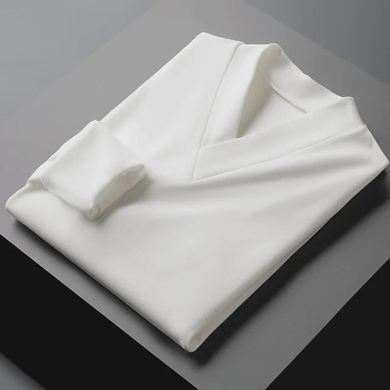 Men's V-neck Self-heating Long Sleeve German Velvet Shirt - Warm, Solid Color Autumn/Winter 2021