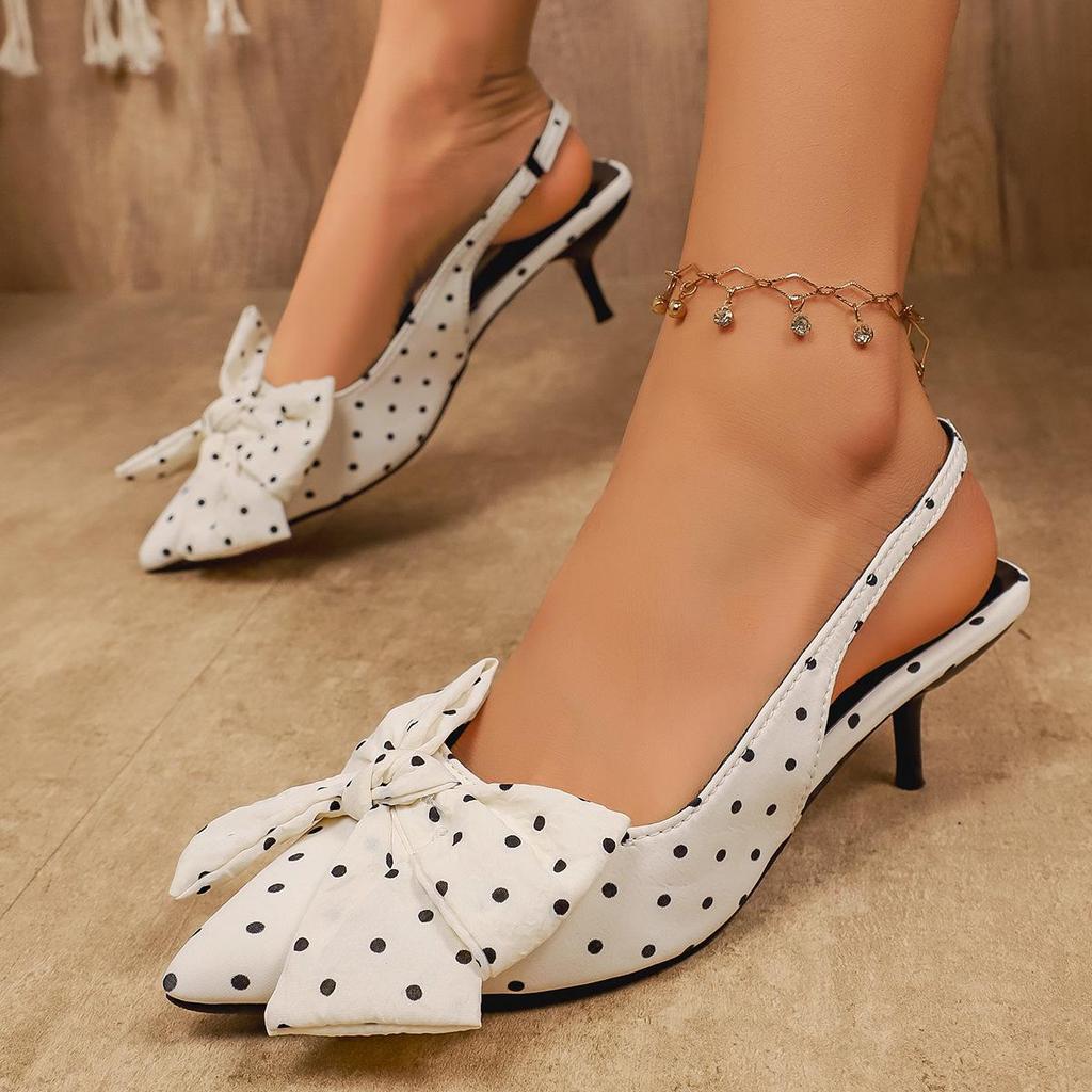 2026 Polka Dot Bow Stiletto Sandals, Pointed Closed-Toe with Back Strap