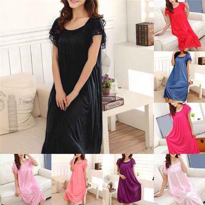 Women Soft Comfortable Satin Lace Sleepwear Nightgown Solid Color Silk Nightdress