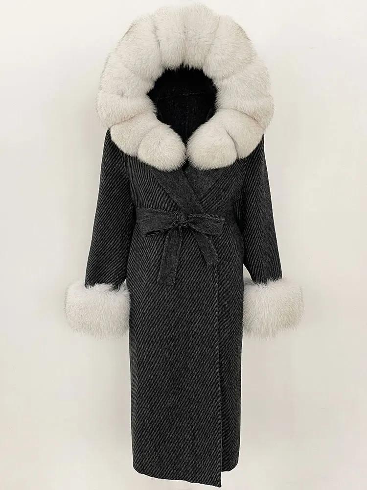 OFTBUY Winter Women Coat Real Natural Fox Fur Hooded Detachable Collar Double-faced Woolen Jacket Long Casual Elegant Overwears