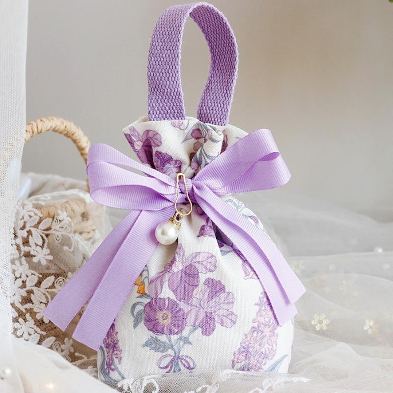 Small Floral Canvas Drawstring Bag Small Bowknot Jewelry Pouch With Pearl Chain Wedding Candy Packaging Bag