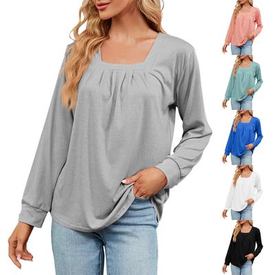 Women's Casual Solid Color Square Neck Pleated Long Sleeve Loose Pullover Top