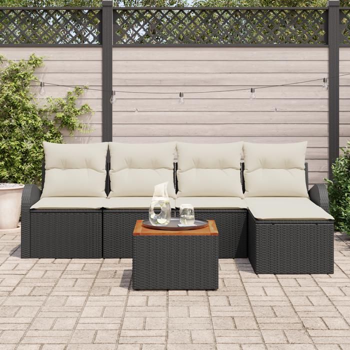 VidaXL Ensemble de Canapé de Jardin 6 Pièces avec Coussins Noir Poly Rattan Acacia 3347565