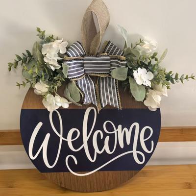 Front Door Welcome Sign Farmhouse Rustic Round Wooden Bowknot Letter Welcome Wreath All Seasons Indoor Porch Door Hanger Wall Hanging Decoration
