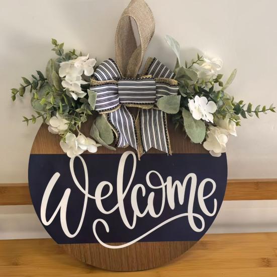 Front Door Welcome Sign Farmhouse Rustic Round Wooden Bowknot Letter