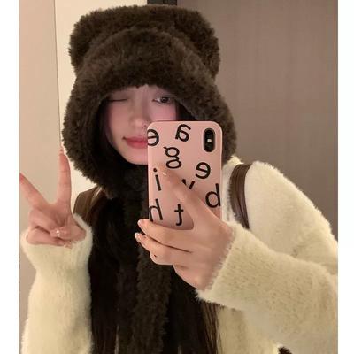 Bonnet en peluche ours mignon ins bonnet tricoté mignon chaud protection des oreilles chapeau Lei Feng hiver pour femmes épais version coréenne polyvalent