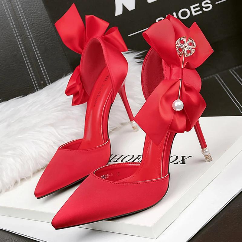 Fashion 2025 New Bow-knot Women Pumps Designer Shoes High Heels Sandals Women Satin Stiletto Heels Sexy Pearl Wedding Shoes Plus Size 43