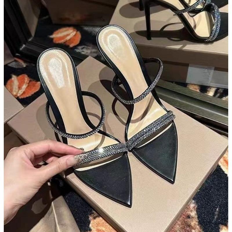 Fashion Shoes Woman 2025 Summer New Black Diamond Decorative Women's Sandals Outerwear Fashion Open Toe Thin Heels Slippers