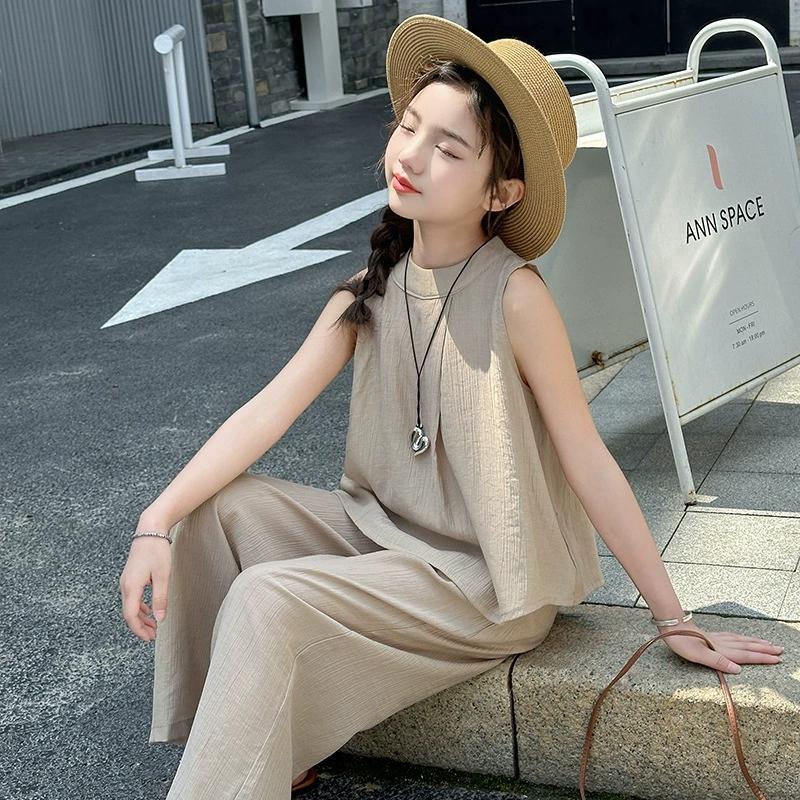 5-14 Years Girls' Summer Outfit Fashion Sleeveless Top and Wide Leg Pants Thin 2-Piece Casual Cool Kids Set