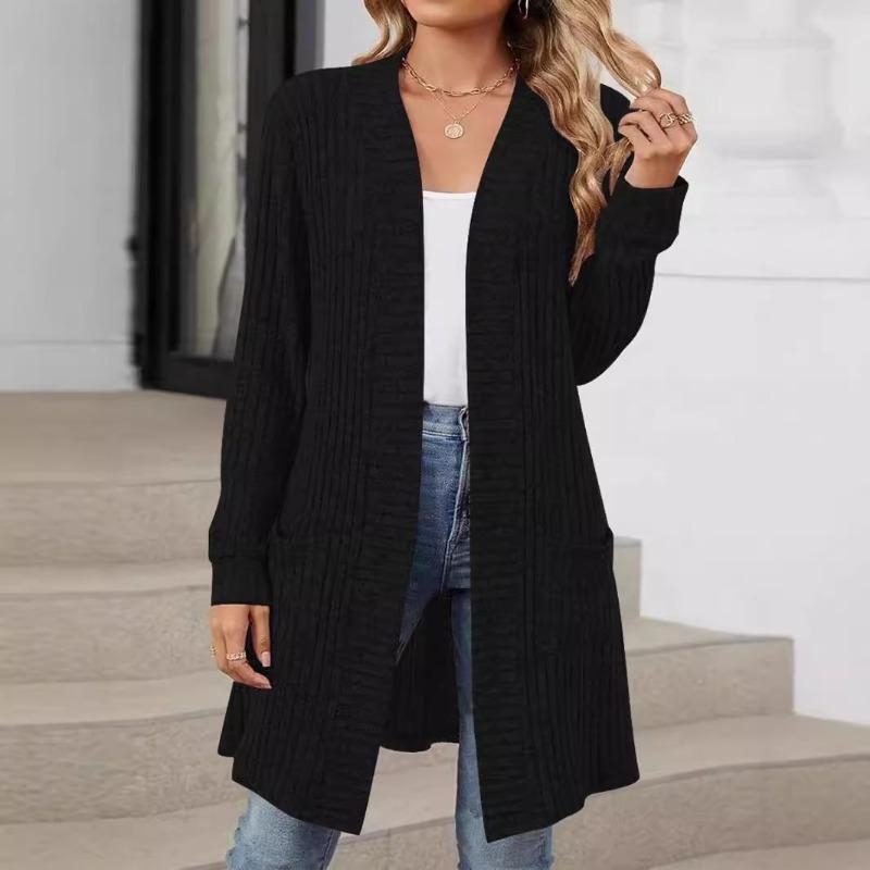 Women's Autumn and Winter Long Color Solid Color Long Sleeve Loose Pocket Cardigan Jacket