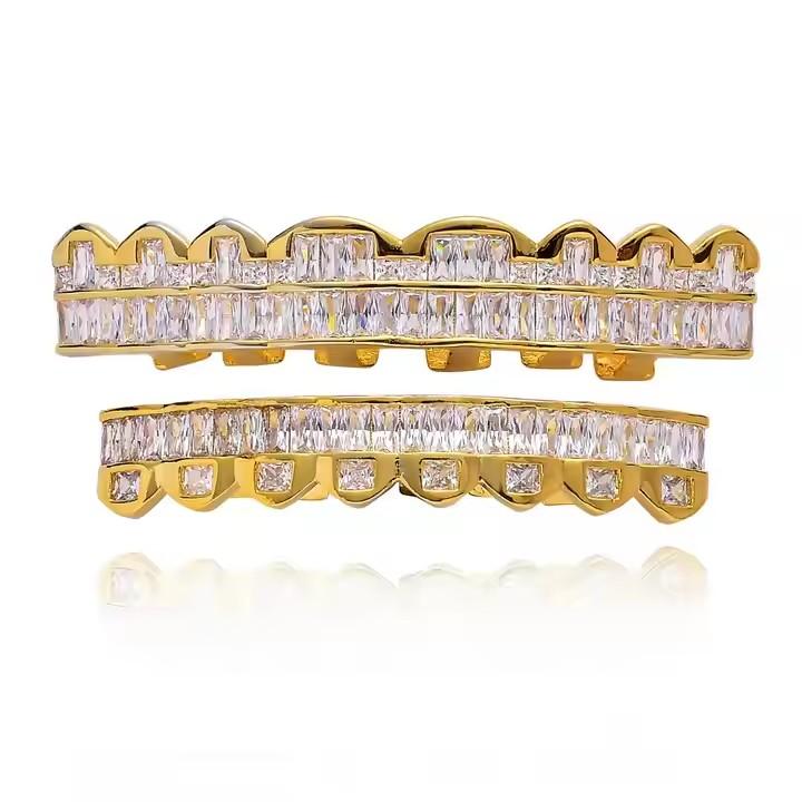 Fashion Eight Tooth Brass Grillz Hip Hop Bling Iced T-Square Zircon Gold Plated Jewelry for Party