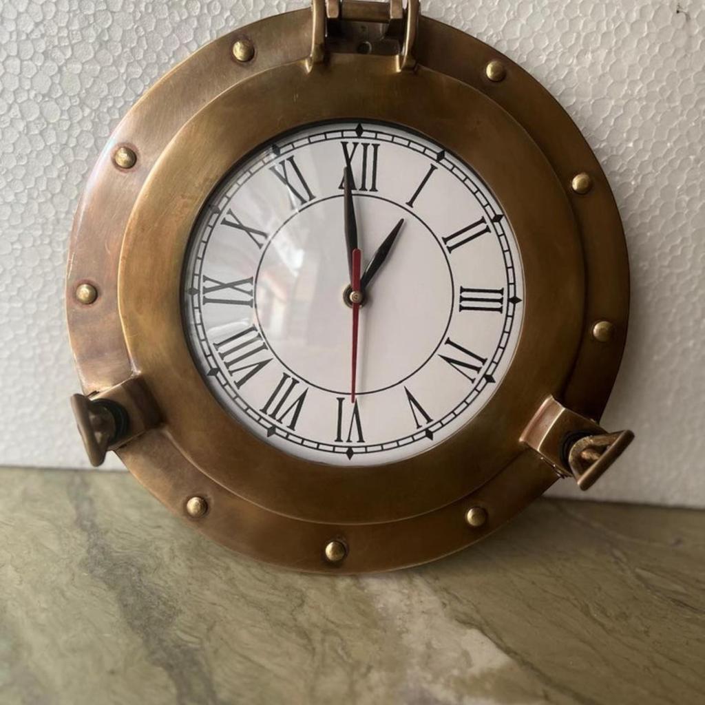 12-Inch Brass Antique Ship Porthole Clock - Nautical Marine Timepiece - Silent Analog Battery Quartz Wall Decor for Home & Office