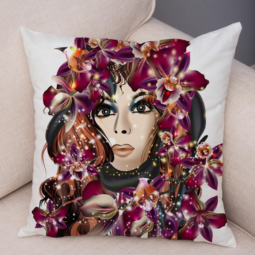 Boho Woman Art Pillowcase Double Print Fashion Lady Cushion Cover Soft Plush Portrait Pillowcase Bedroom Decor