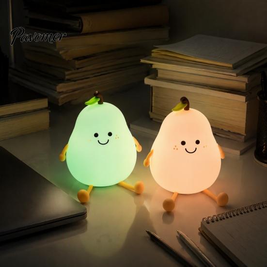 Fun Desk Ornament for Girls Pear Silicone Night Light, Touch Rechargeable Tapping Bedside Lamp, Portable LED Light Bedroom Cute Warm Atmosphere