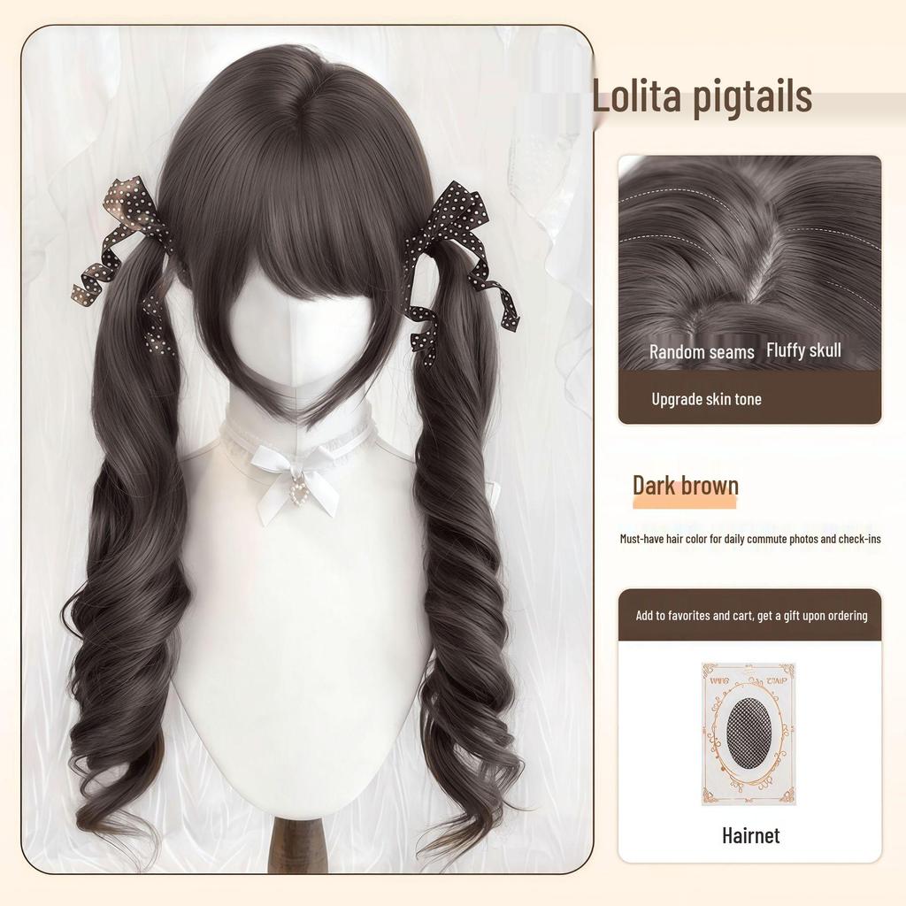 70cm Double Ponytail Lolita Wig with Sideburns - Long, Curly Daily Wig for Women