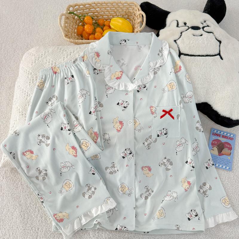 Cute lace pajamas women's spring and autumn new imitation cotton long-sleeved cartoon puppy dog loungewear set