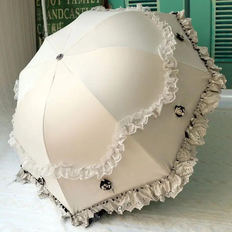 

3D Цветочная Кружевная Отделка Солнцезащитный Зонт Черное Покрытие Защита от УФ Лучей Солнцезащитный Уличный Портативный Женский Зонтик Ветроустойчивый Винтажный бежевый