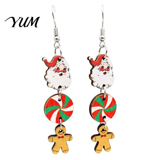 Christmas Fashion Jewelry 1 Pair Wooden Dangle Drop Earrings for Women, Cute Santa Holiday Wood Gingerbread Candy Cane Earrings, Vintage Winter Party