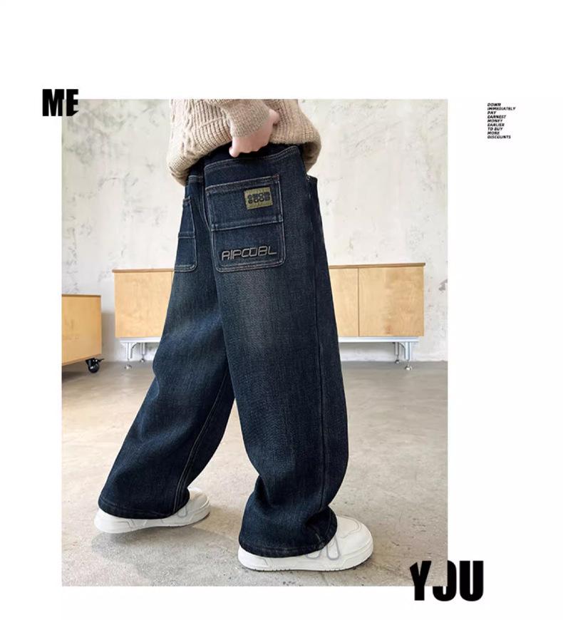 2025 Blugi pentru Băieți Mărimi Mari cu Căptușeală Fleece cu Croială Dreaptă pentru Adolescenți Supraponderali – Pantaloni Lungi de Primăvară și Toamnă Pantaloni la Modă