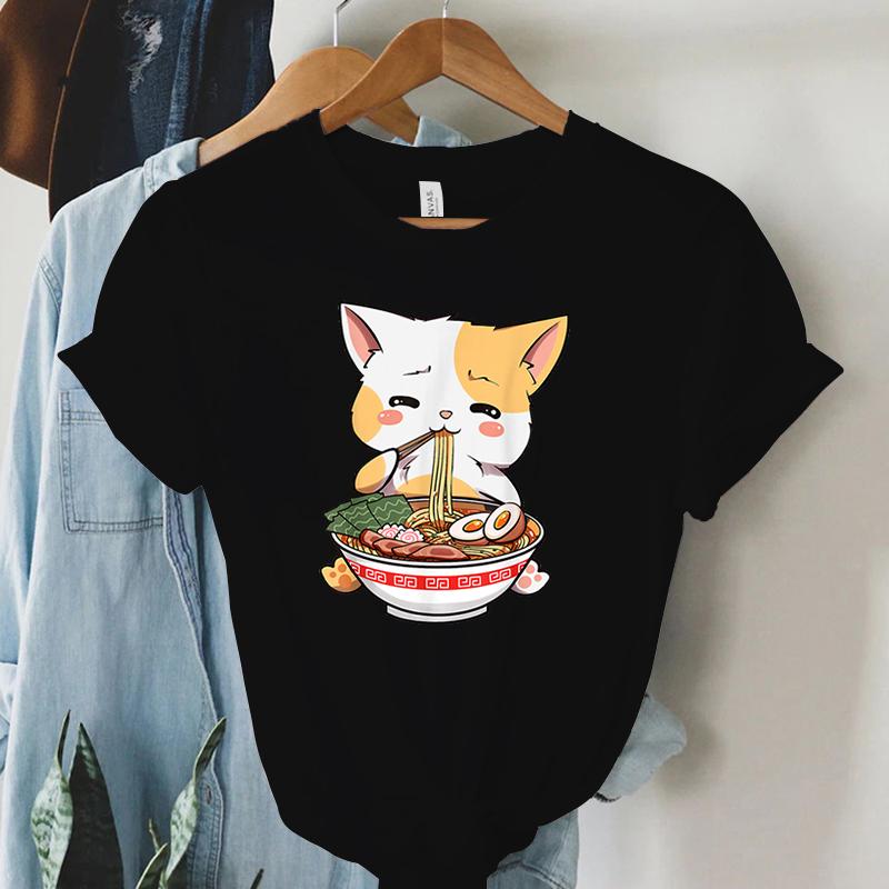 Tshirt Print Lovely Cat Ramen Cute Graphic Tee Casual Shirt Women Oversized Loose Fashion Trend Tshirt Cat Ramen Summer Shirt