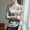 Spring and Summer New Style Elegant Loose-Fitting Top with Side Drawstrings Long-Sleeved Knitted T-Shirt Women's Printed Lightweight Blouse