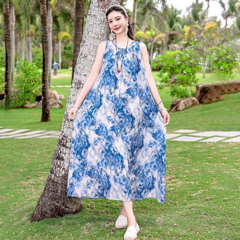 Sleeveless Cotton Dress Summer Loose Plus Size Slimming Vest Vacation Long Dress Elegant Beach