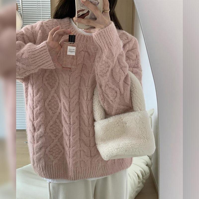 Autumn and winter twist pullover crew neck sweater women's soft waxy lazy wind loose thickened knitted top